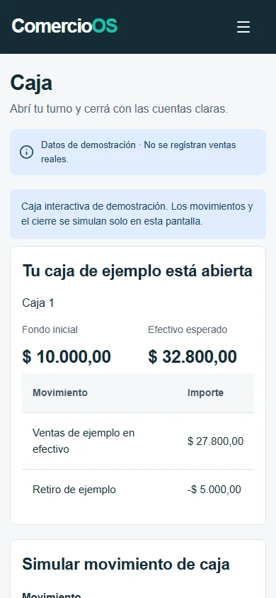 Cierre de caja de demostración en un celular